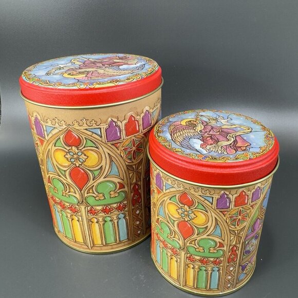 CAFFCO Tin Canister Container Storage Church Angel Dove Pattern Stacking Set 2 - Picture 12 of 15